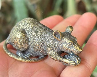 Vintage Brass Mouse Figurine Holding Item Desk Decor