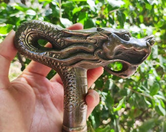 Antiqued Brass Copper Dragon Head Handle For Wooden Walking Stick Cane Gift Vintage Dragon Loong Beast Crutch Cane Head Grandpa Gift FR1124
