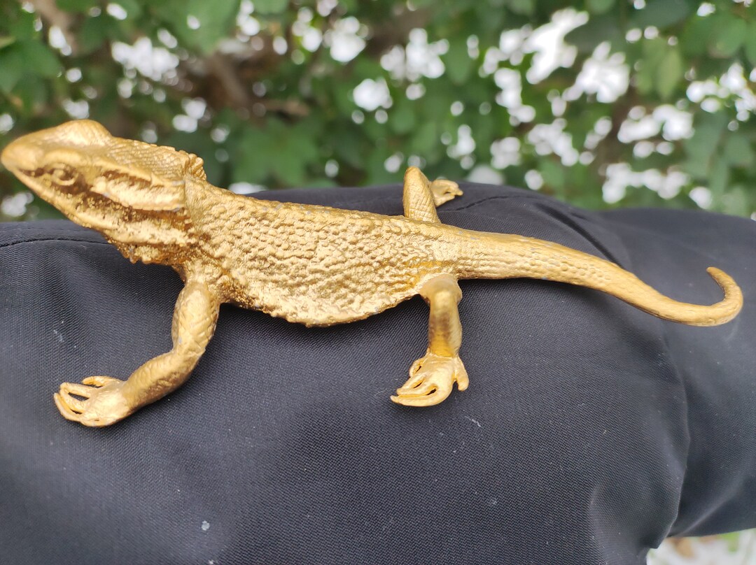 Vintage Style Gold Plated Copper Lizard Statue, Animals Lizard