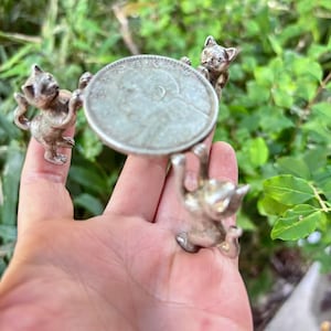 Puede incluir: Un portamonedas plateado con tres pequeñas figuras de gato. Los gatos están colocados alrededor de la moneda, pareciendo sostenerla. La moneda tiene marcas visibles. El fondo es follaje verde borroso.