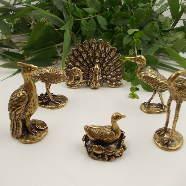 Get 6 Vtgbrasslover Vtg Vintage style brass birds Statues Fortune peacock duck figure tea pet paperweight mini toys gift Collectible Art