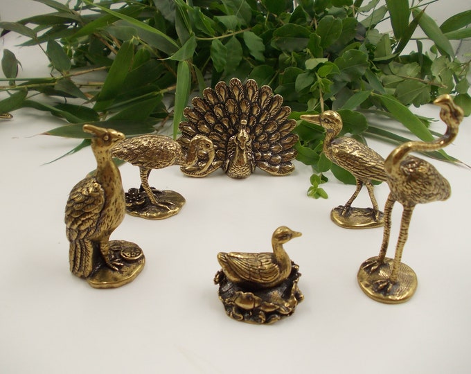 Get 6 Vtgbrasslover Vtg Vintage style brass birds Statues Fortune peacock duck figure tea pet paperweight mini toys gift Collectible Art fr8