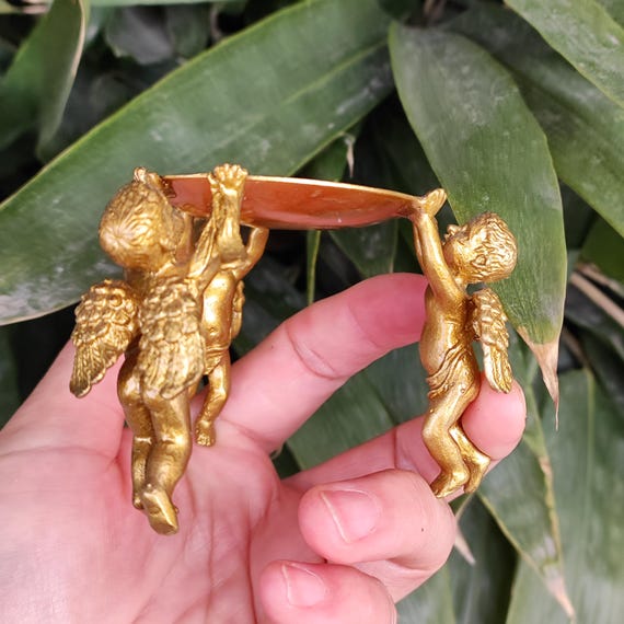 Gold Gilded Copper Circle of Three Angel Candleholder Vintage