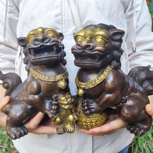 A pair huge Vtgbrasslover Vtg Vintage style copper Foo Dog Door Lion Leo Animal,lion foo dog Wealth animal Housewarming Congratulatory fr21a