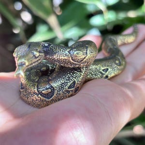 May include: A detailed bronze sculpture of a two-headed snake, held in a hand. The snake has intricate scale patterns and is a golden-brown color. The sculpture is a unique decorative item.