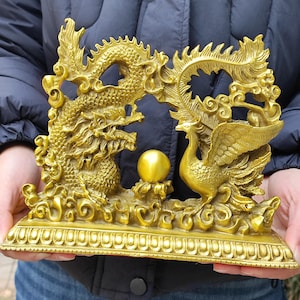 Feng Shui Dragon and Phoenix Fgurine Decoration for Family Harmony, Love Marriage Prosperity and Protection Copper Dragon Play Beeds fr51111