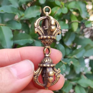 Get 2 Vtg Vintage style mini brass Puba Vajra pestle Pendant Charms, Tibetan Nepal religious exorcism four strand Vajra pestle buddha amulet