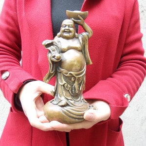 Old Brass Happy Laugh Maitreya Buddha Wealth Statue, Copper Laughing Smiling Buddha Statue Budai Figure Buddhism Happiness God of Wealth Zen