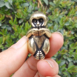 May include: A small, brass-colored monkey figurine. The monkey is in a seated position with its hands clasped in front of its face. The figurine has detailed features and is set against a backdrop of green foliage.