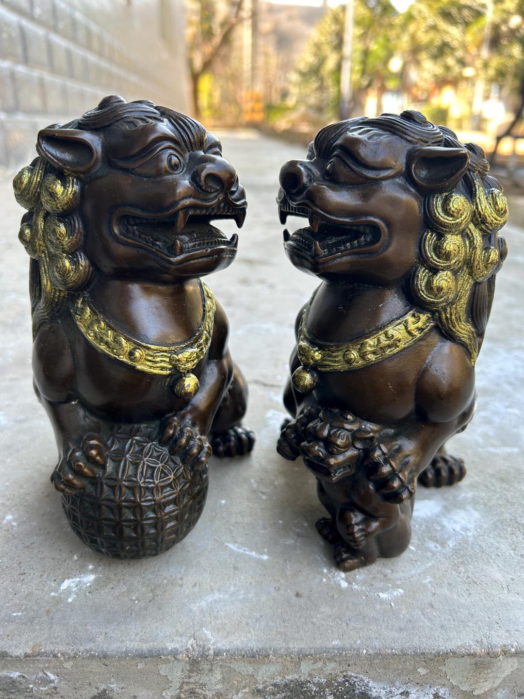 Pair Asian Copper Evil Fu Foo Dog Lion Statue , Old Antiques Chinese ...