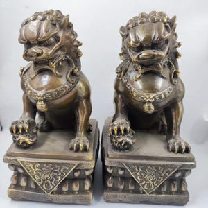 Huge Asian Copper Evil Fu Foo Dog Lion Statue Pair Signed,Old Antiques Chinese Brass Fu Foo Dog Guardian Lion Statues,Marked FengShui wealth
