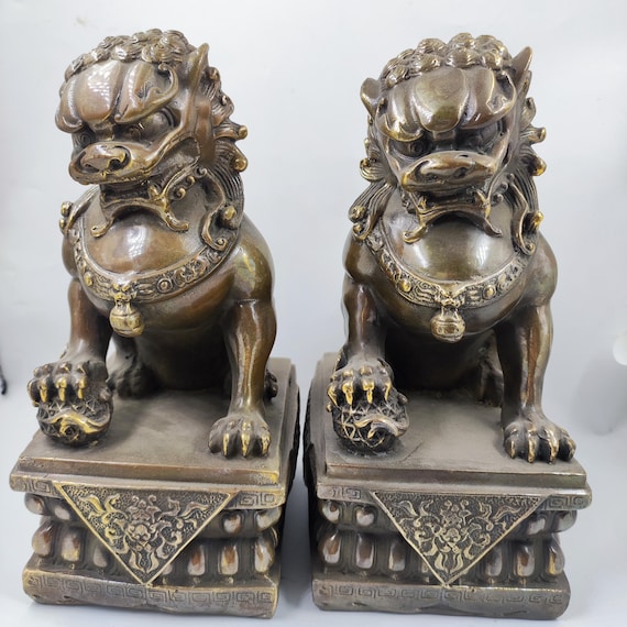 Huge Asian Copper Evil Fu Foo Dog Lion Statue Pair Signed,old