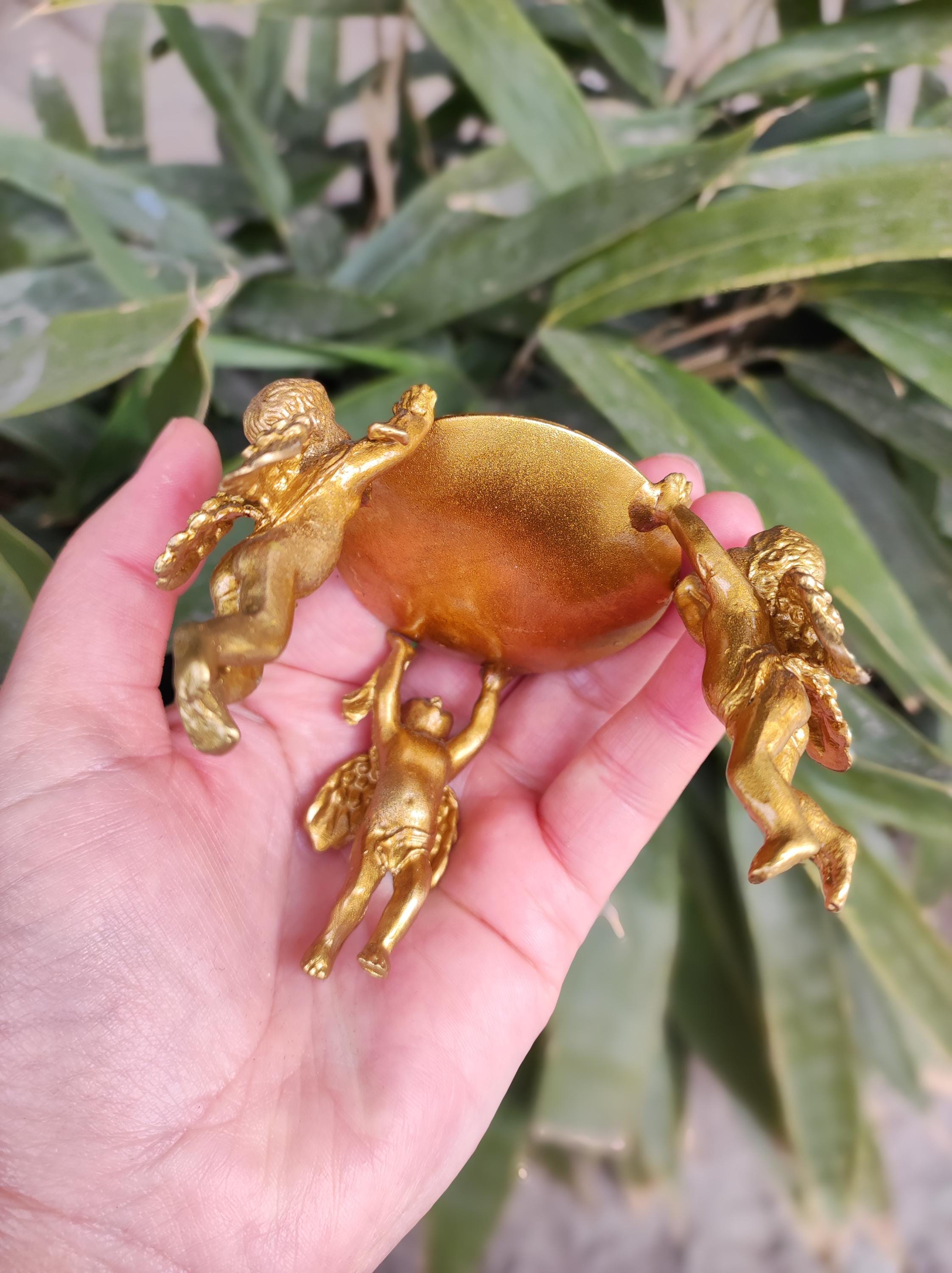 Gold Gilded Copper Circle of Three Angel Candleholder Vintage