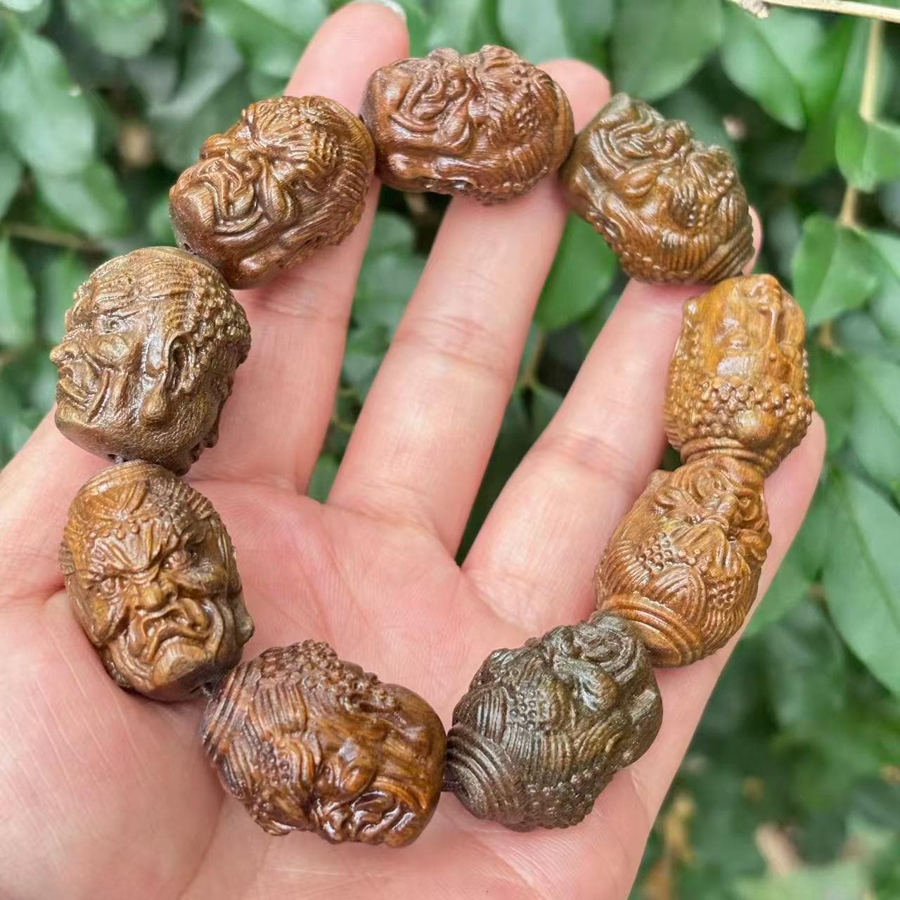 Hand Carved Wooden Bracelet Dual Face Buddha and Demon Bead