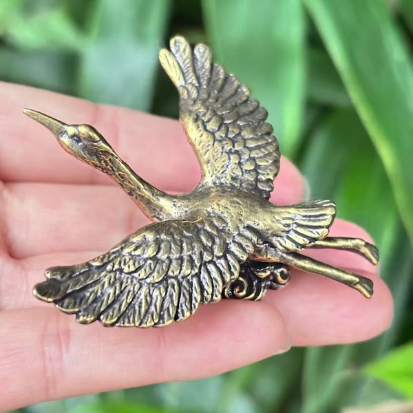 Vintage Brass Long-Beak Crane Figurine, Solid Copper Bird Sculpture, Home Desk Decor, Collectible Gift