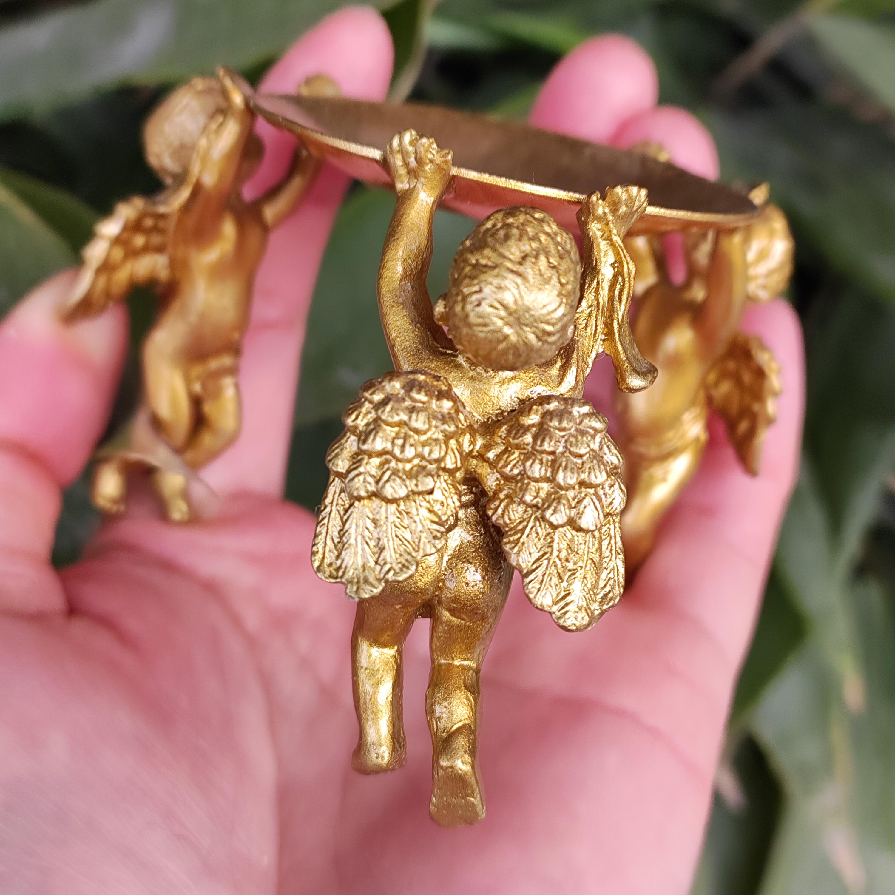 Gold Gilded Copper Circle of Three Angel Candleholder Vintage