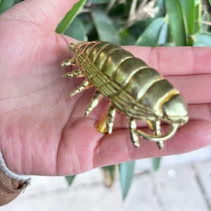 Puede incluir: Una detallada figura dorada de un insecto con cuerpo segmentado y patas. La escultura se sostiene en una mano, mostrando su intrincado diseño y brillo metálico. El insecto parece ser una pulga.