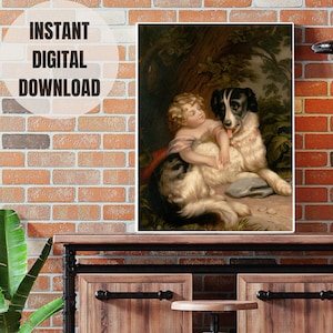 Vintage Girl And Dog Painting, Animal Lover Gift, Giclee Canvas Print, Kids Room Decor, Gift for Dog Lover, , Digital Download, Antique Dog