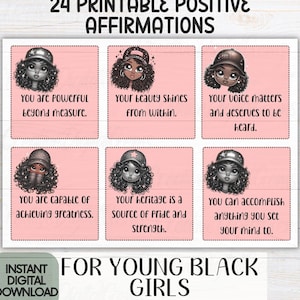 Affirmationskarten für schwarze Mädchen, tägliche positive Affirmationen, Set mit 24 druckbaren Empowerment-Zitaten, bereit zum Drucken von Positivitäts-Stickkarten