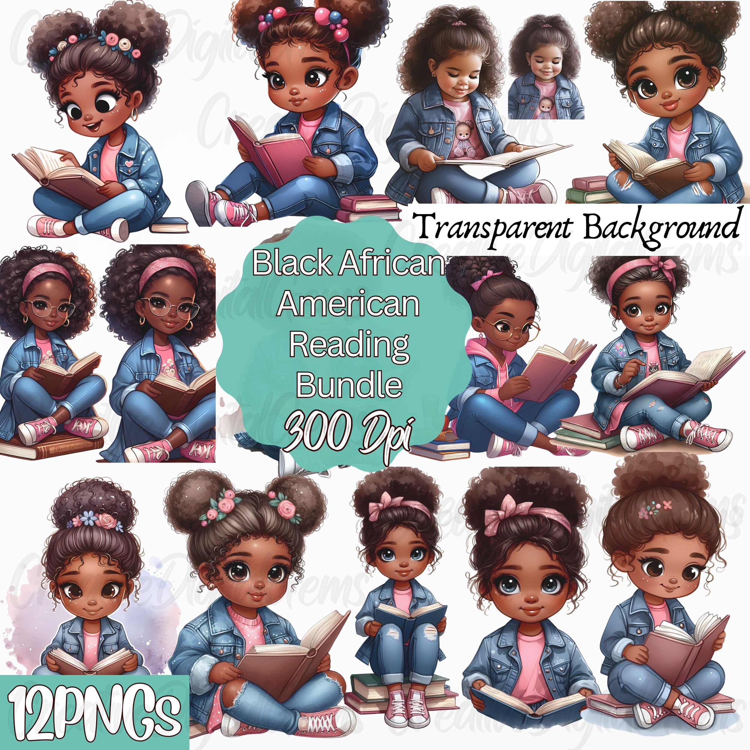 African American Art Book Lover Gift Black Girl Reading Clipart Afro ...