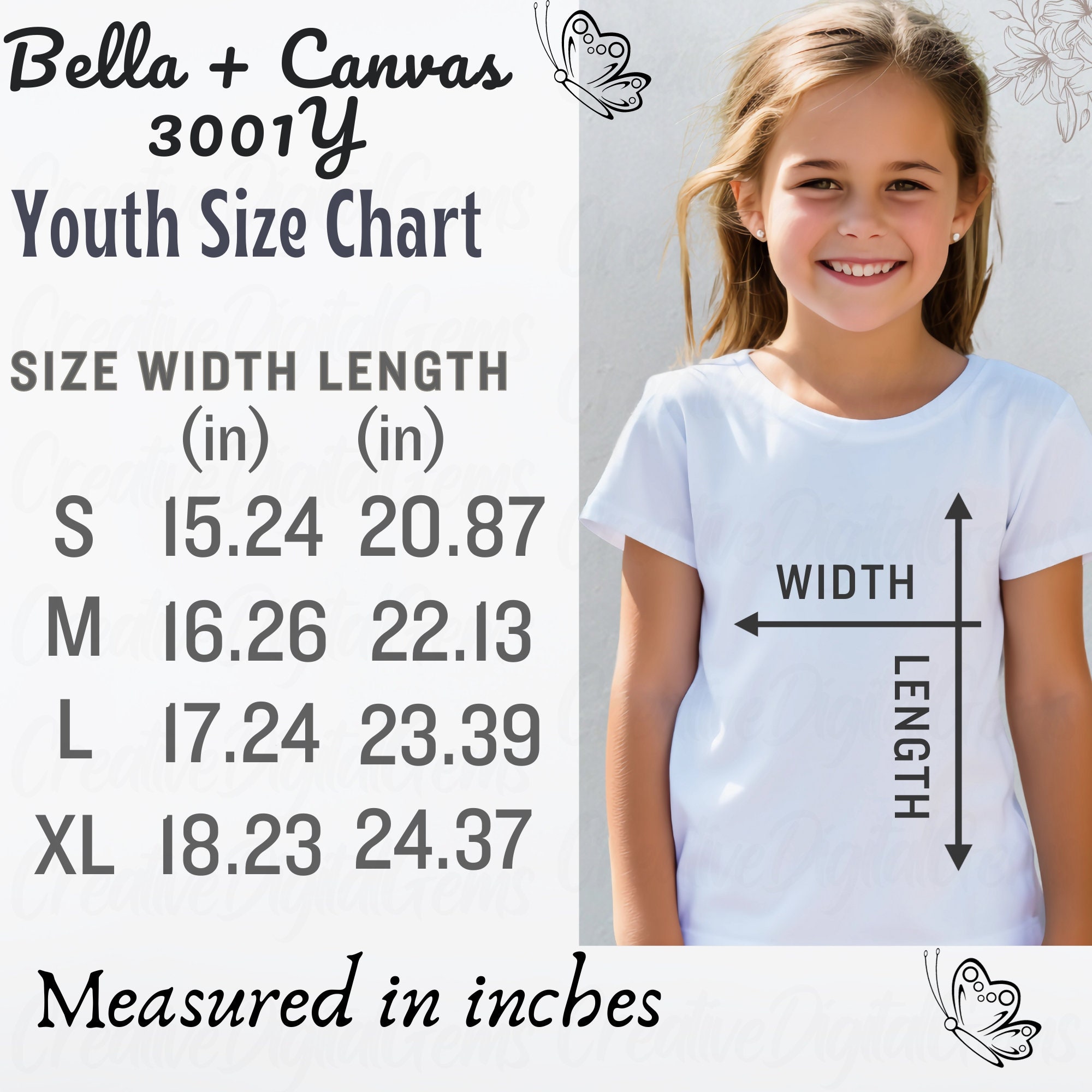 Bella Canvas 3001Y Size Chart, Youth Sizing Guide, T-shirt Measurements ...