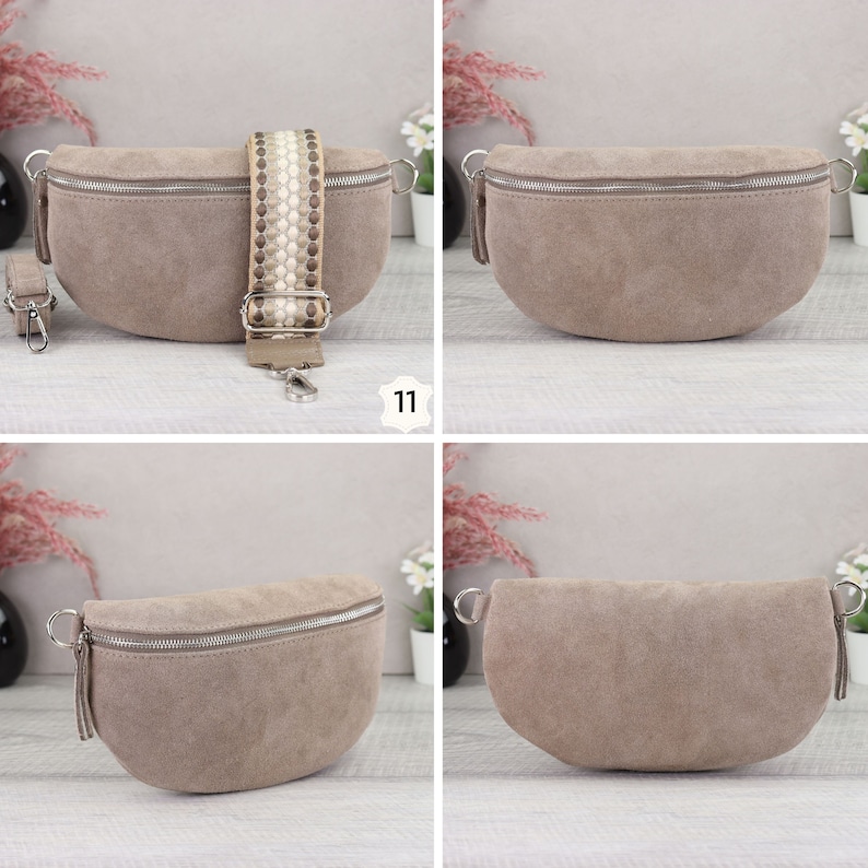 Suede bag taupe with patterned straps, suede leather fanny pack for women, crossbody bag suede, leather shoulder bag Taupe-11