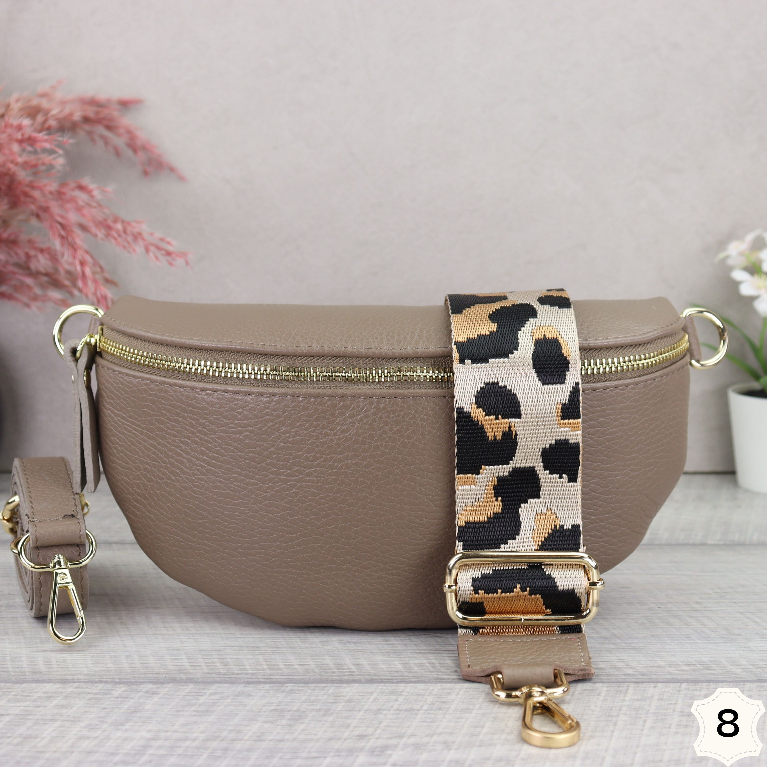 Taupe Gold Leather Fanny Pack for Women With Patterned Belt 