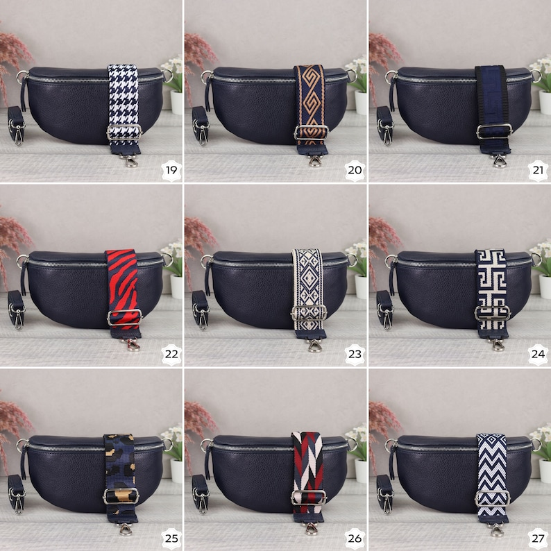 May include: A set of ten navy blue leather fanny packs with different patterned straps. The straps are made of fabric and feature various geometric and animal prints.