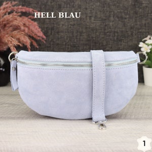 Suede Bag Light Blue with Patterned Straps, Suede Leather Fanny Pack for Women, Crossbody Bag Suede, Leather Shoulder Bag Kein Zweiter Gurt-1