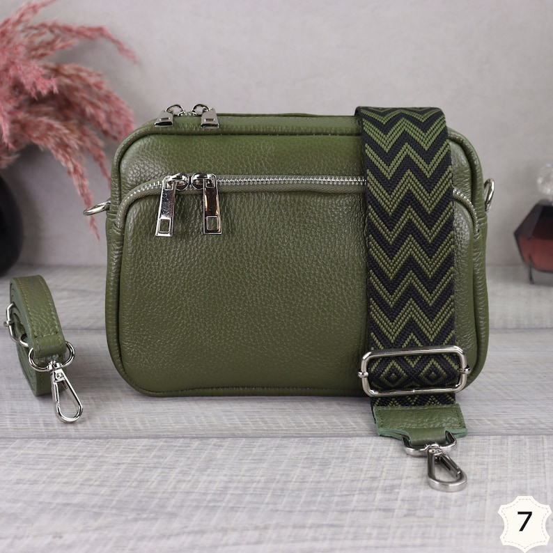 Khaki Leather Crossbody Bag with Wide Strap, Leather Shoulder Bag, Bum Bag and Patterned Belt, Belt Bag for Women, Everyday Bag Khaki-7