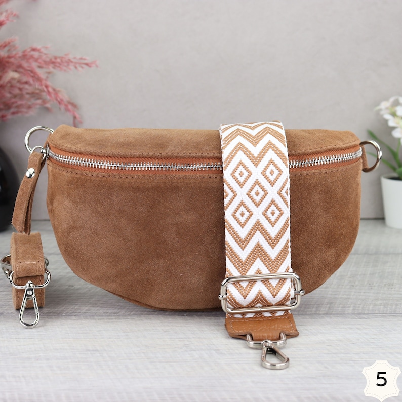 Sac en daim marron avec bretelles à motifs, sac banane en cuir suédé pour femme, sac crossbody en daim, sac à bandoulière en cuir Braun-5