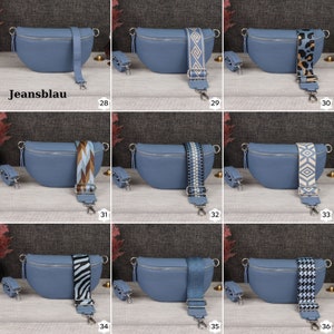 May include: Nine different blue leather fanny packs with various patterned straps. The straps are made of fabric and have different colors and patterns. The fanny packs are all the same shape and size.