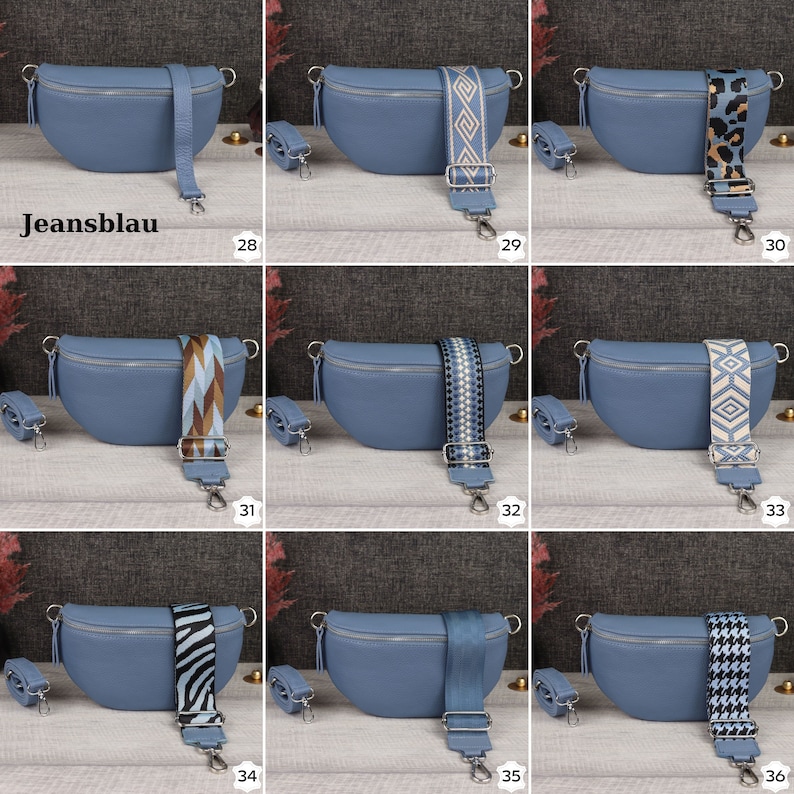 May include: Nine different blue leather fanny packs with various patterned straps. The straps are made of fabric and have different colors and patterns. The fanny packs are all the same shape and size.