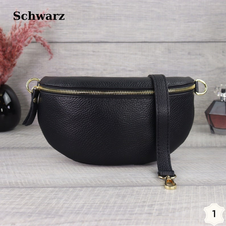 Black leather bum bag for women with gold zipper, leather shoulder bag with extra patterned strap, mother's day gift Kein Zweiter Gurt-1