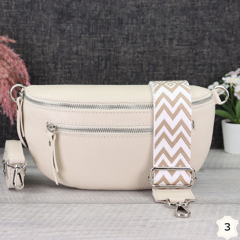 Crossbody Tasche Leder Creme mit Gemustertem Riemen, Umhängetasche Damen mit extra Reißverschlusstaschen, Geschenk Freundin, Schultertasche Creme-3