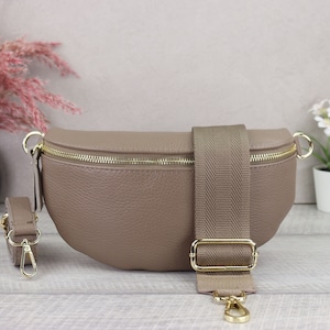 Taupe Gold Leder Bauchtasche für Frauen mit Gemusterter Gürtel, Leder Schultertasche mit Goldener Reißverschluss, Geschenk zum Muttertag