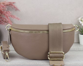 Taupe Gold Leather Bum Bag for Women with Patterned Belt, Leather Shoulder Bag with Gold Zipper, Mother's Day Gift