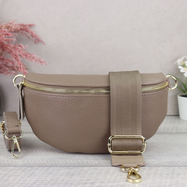 Taupe Gold Leather Bum Bag for Women with Patterned Belt, Leather Shoulder Bag with Gold Zipper, Mother's Day Gift