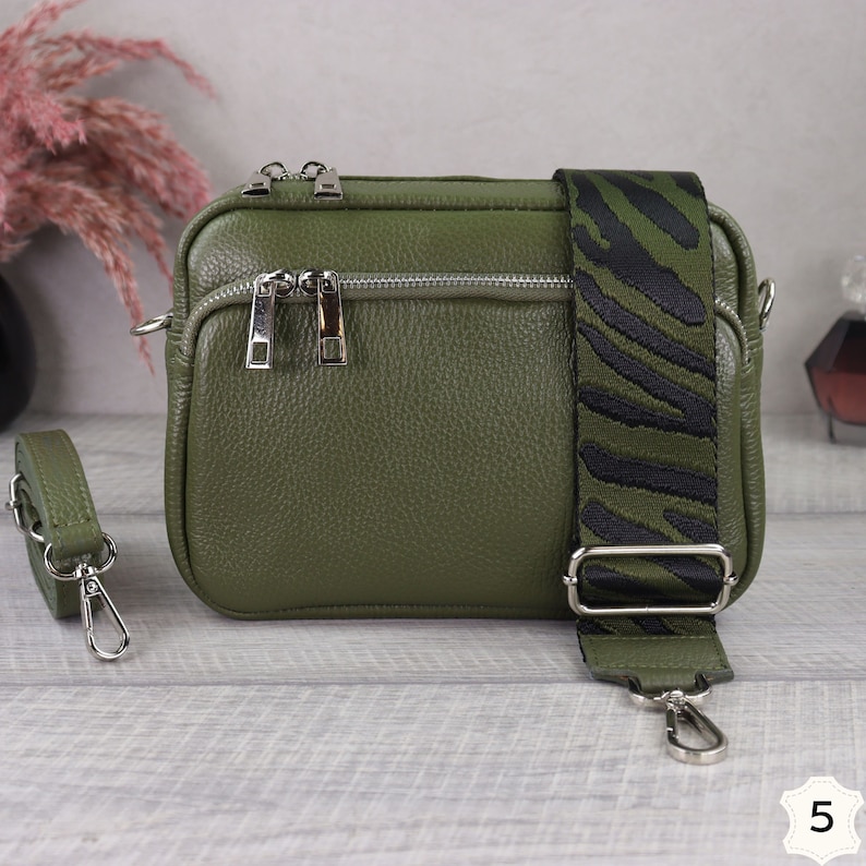 Khaki Leather Crossbody Bag with Wide Strap, Leather Shoulder Bag, Bum Bag and Patterned Belt, Belt Bag for Women, Everyday Bag Khaki-5