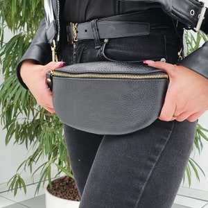 Black leather bum bag for women with gold zipper, leather shoulder bag with extra patterned strap, mother's day gift image 9