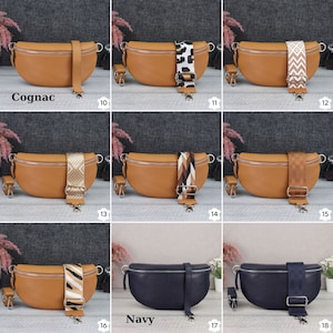 May include: A set of 10 leather fanny packs with different colored straps. The fanny packs are available in cognac and navy colors. The straps have various patterns, including leopard print, geometric patterns, and stripes.