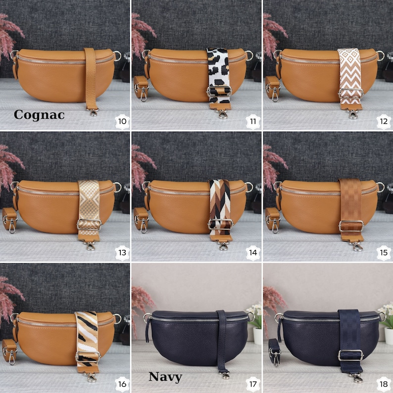May include: A set of 10 leather fanny packs with different colored straps. The fanny packs are available in cognac and navy colors. The straps have various patterns, including leopard print, geometric patterns, and stripes.