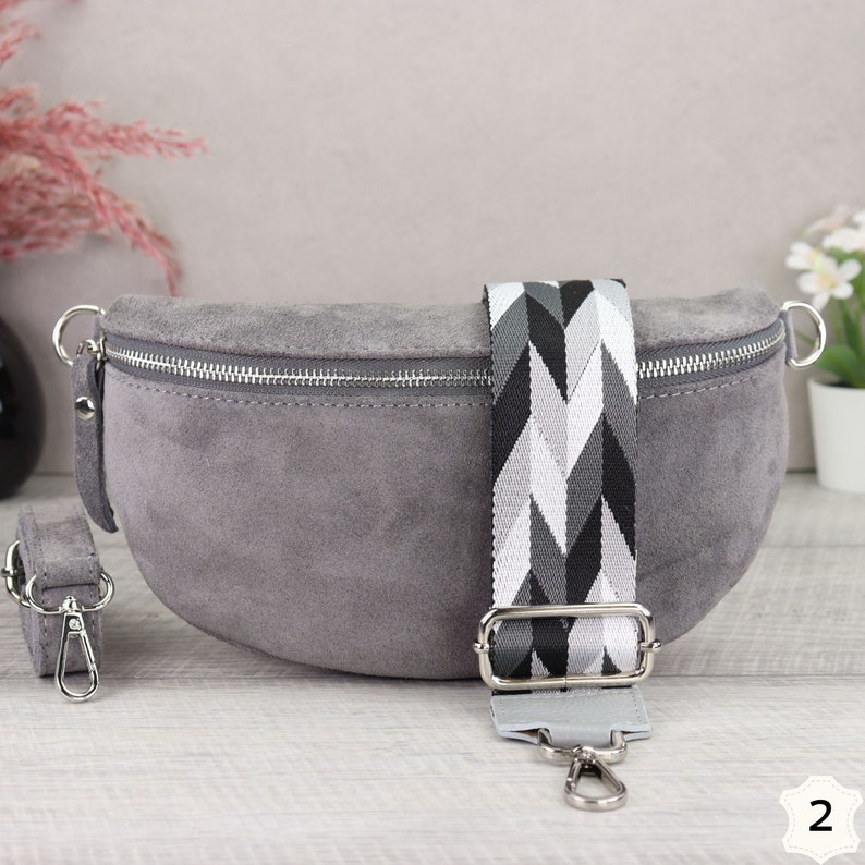 Suede Bag Grey with Patterned Straps, Suede Leather Fanny Pack for Women, Crossbody Bag Suede, Leather Shoulder Bag Grau-2