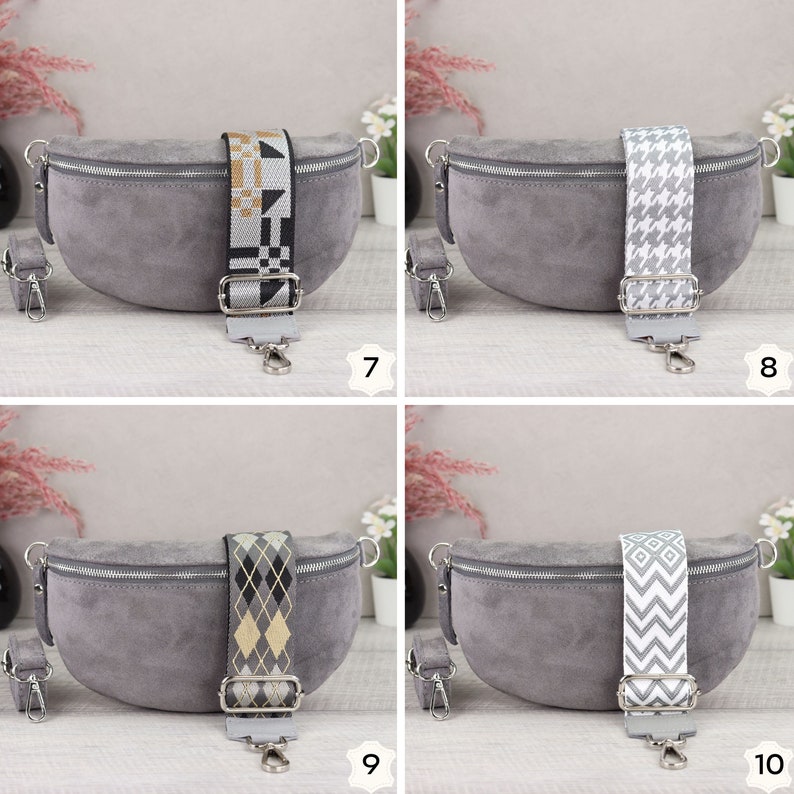 Suede Bag Grey with Patterned Straps, Suede Leather Fanny Pack for Women, Crossbody Bag Suede, Leather Shoulder Bag image 9