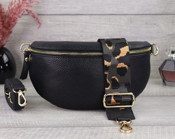 Black leather bum bag for women with gold zipper, leather shoulder bag with extra patterned strap, mother's day gift