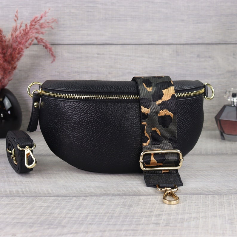 Black leather bum bag for women with gold zipper, leather shoulder bag with extra patterned strap, mother's day gift image 1