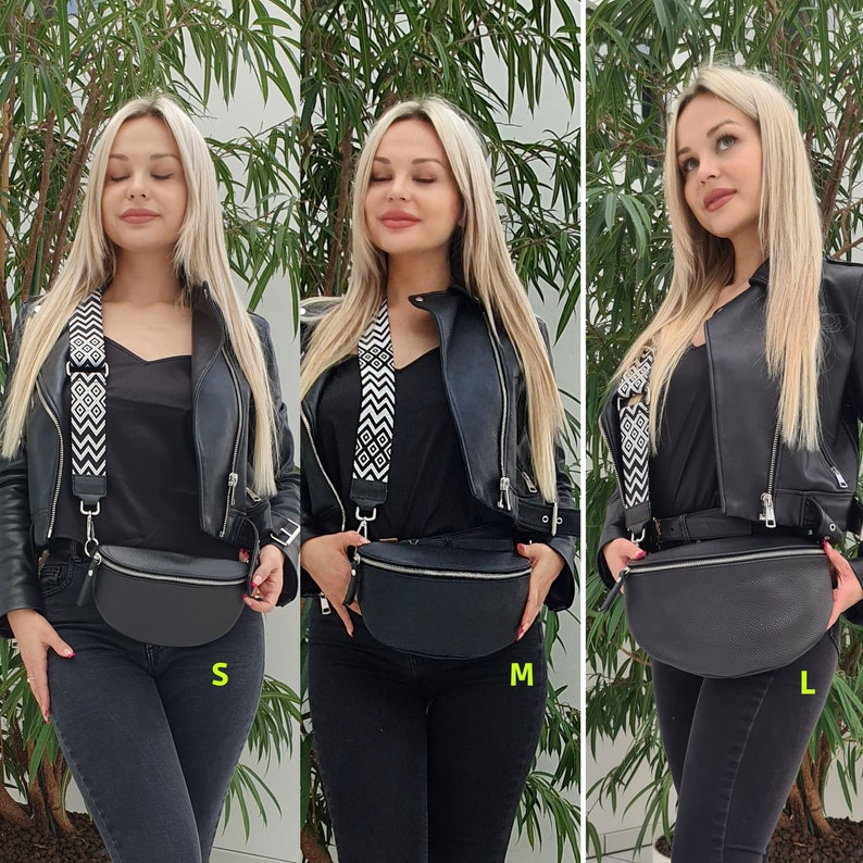 Bauchtasche Schwarz Leder Damen, Umhängetasche aus Echtleder, Geschenk zum Muttertag, Crossbody Tasche, Gürteltasche mit Gemustertem Riemen Bild 3