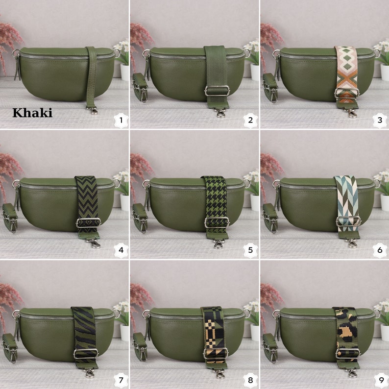 May include: Nine different green leather fanny packs with various patterned straps. The straps are in different colors and patterns, including black and white, green and white, and brown and white. The fanny packs are all the same shape and size, and they are all made of a soft, supple leather. Khaki.