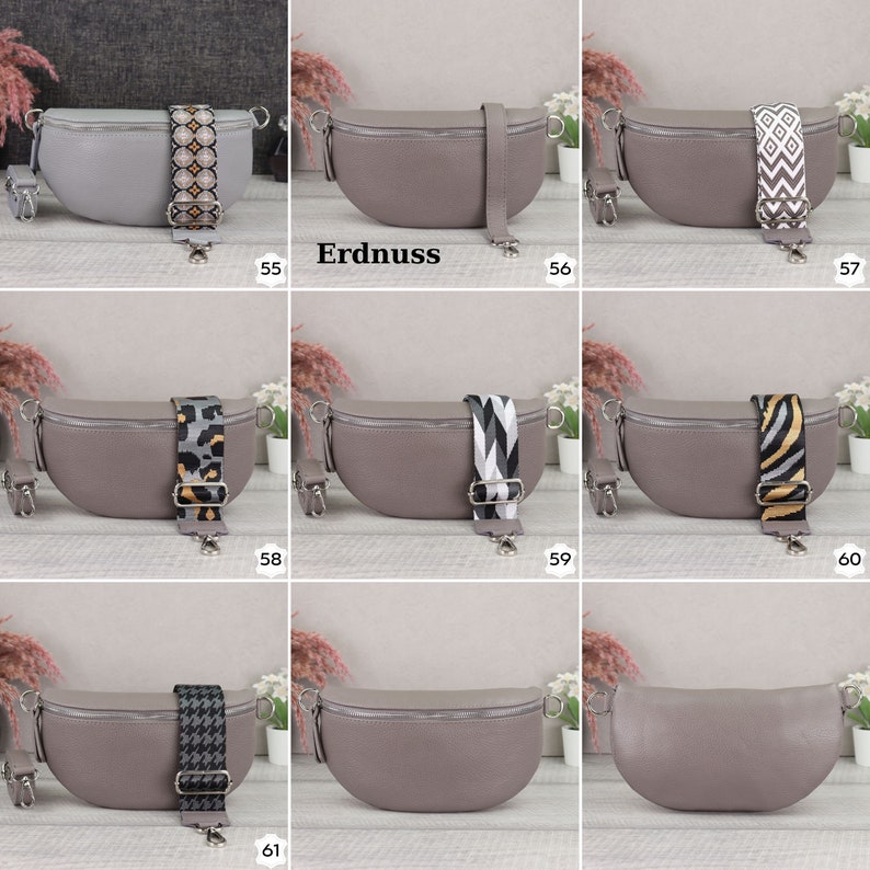 May include: Ten different gray leather fanny packs with various patterned straps. The straps include geometric, animal print, and houndstooth patterns.