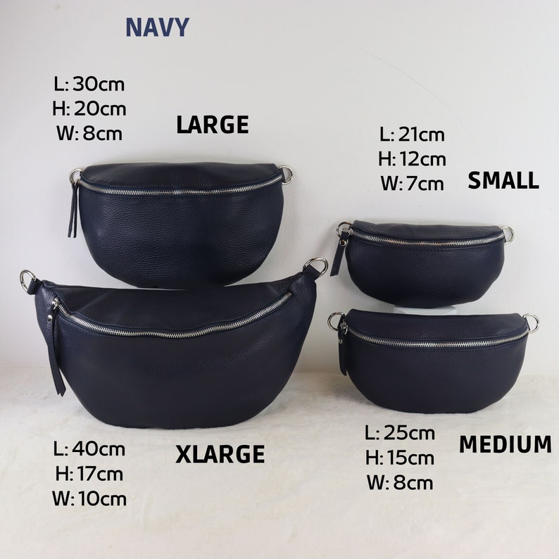 May include: Four navy blue leather fanny packs in different sizes: small, medium, large, and extra large. The sizes are labeled with measurements in centimeters.  NAVY is written at the top of the image.